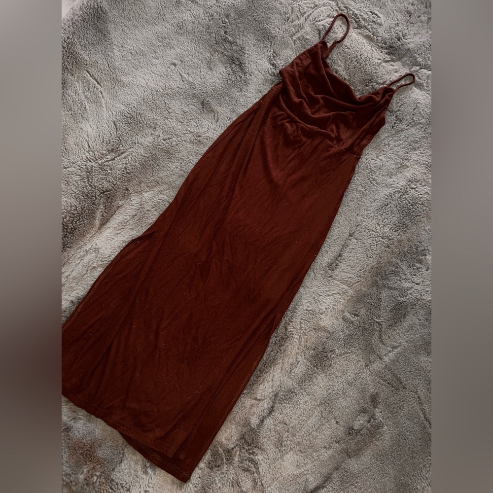 Brown Cowl Neck Slit Midi Dress